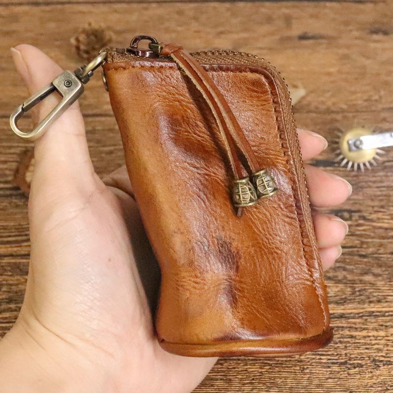 Luxurious Genuine Leather Key Bag Coin Purse Zipper Clutch Wallets Fashion Women Men Housekeeper Card Key Holder Organizer Pouch