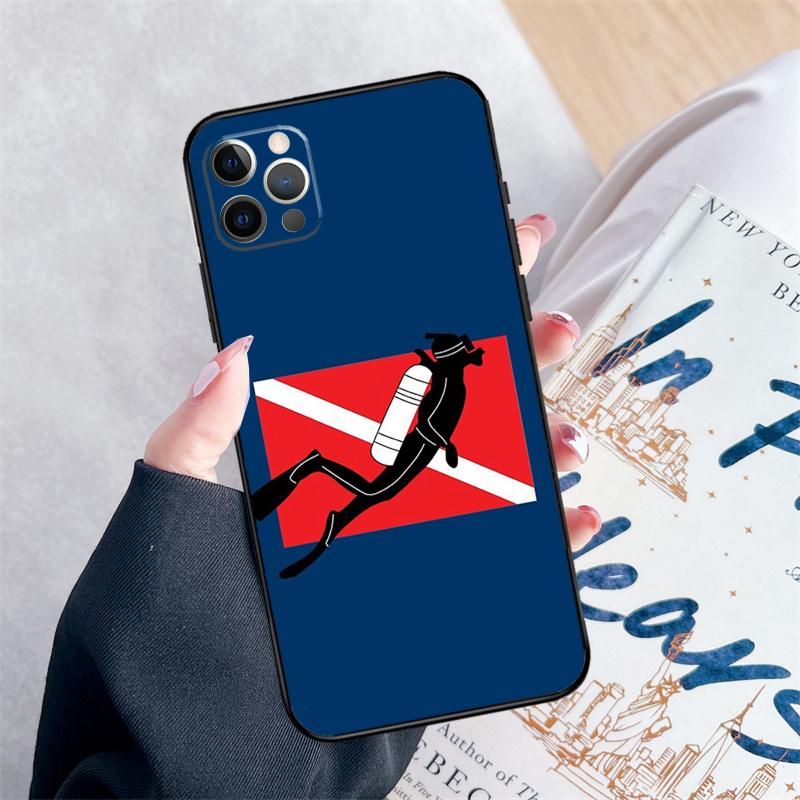 

Dive Scuba Diver Shark Diving Flag Phone Case For iPhone 15 16 Pro Max 11 12 13 Mini 14 Pro Max XR 15 16 Plus 16e Cover Coque iPhone 11 Pro