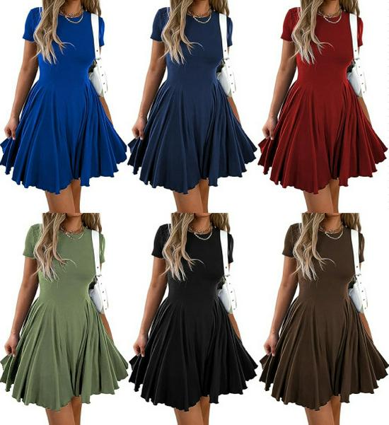 Damen Sommer Mini-Kleid mit ausgestelltem Rock, A-Linie und Falten