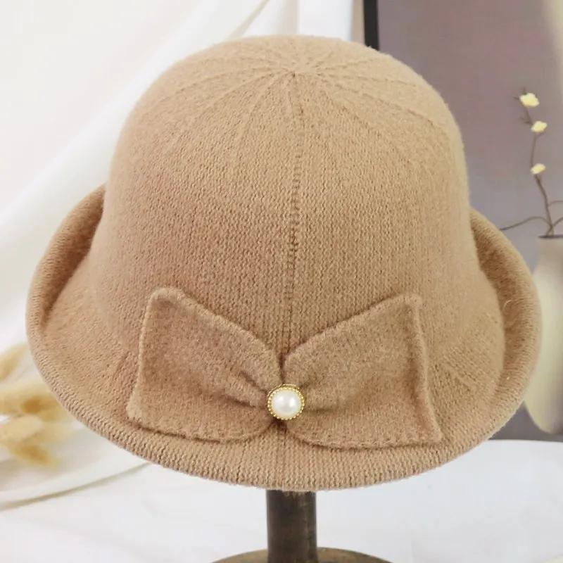 WTEMPO Cold-proof Windproof Warm Solid Color Pearl Bow Bucket Hats Women's Autumn Winter Casual Verstaile Retro Elegant Hats
