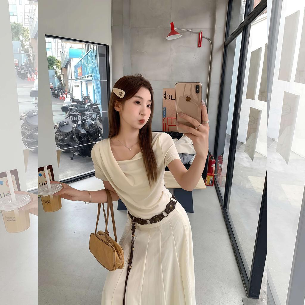 Gentle wind irregular pleated swinging neck short-sleeved top summer summer slim and thin ins pure desire T-shirt women