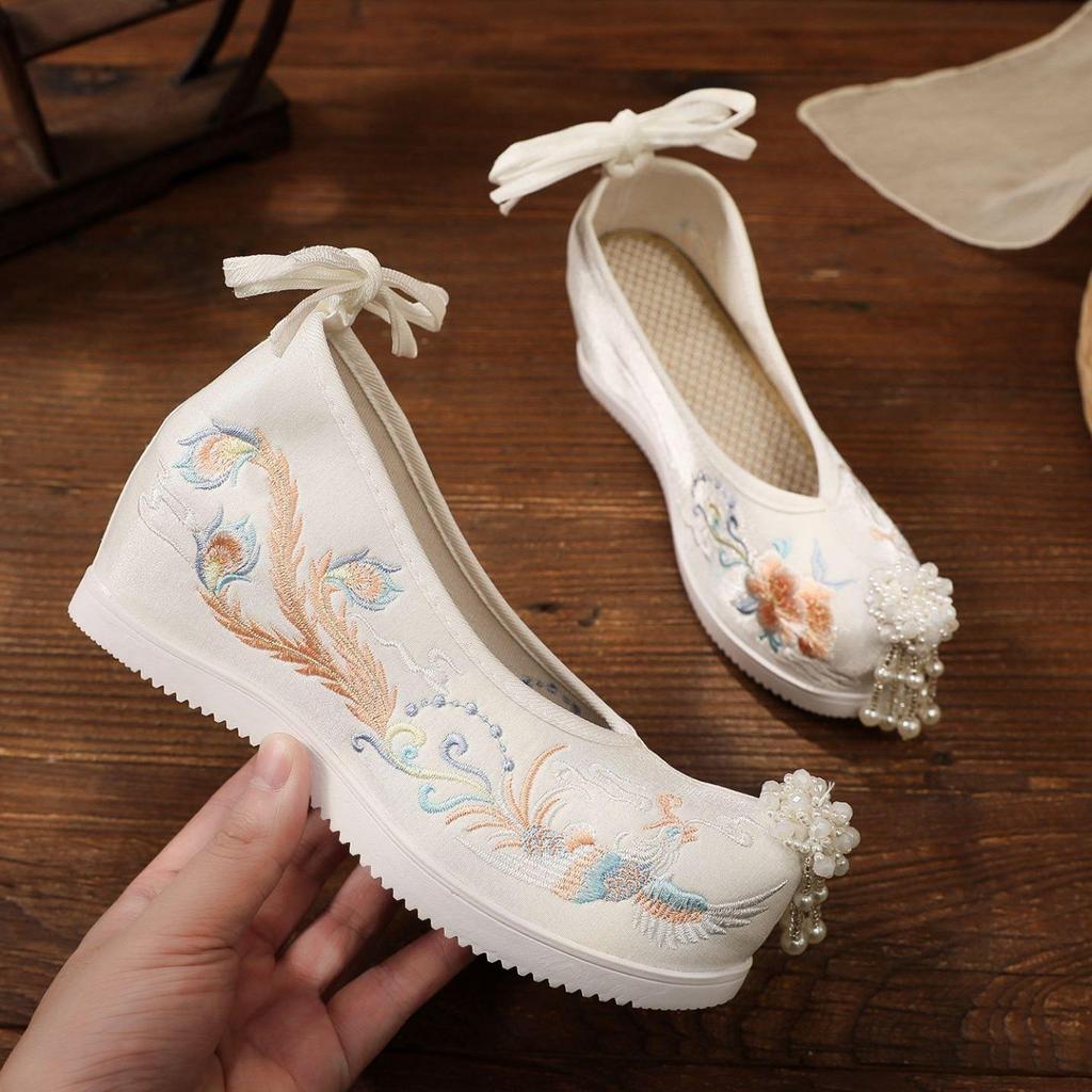 Xiuhua Women's Pearl Tassel High Heels - Ancient Style Pointed Toe Wedding Shoes for Bride, Hanfu Toasting Shoes
