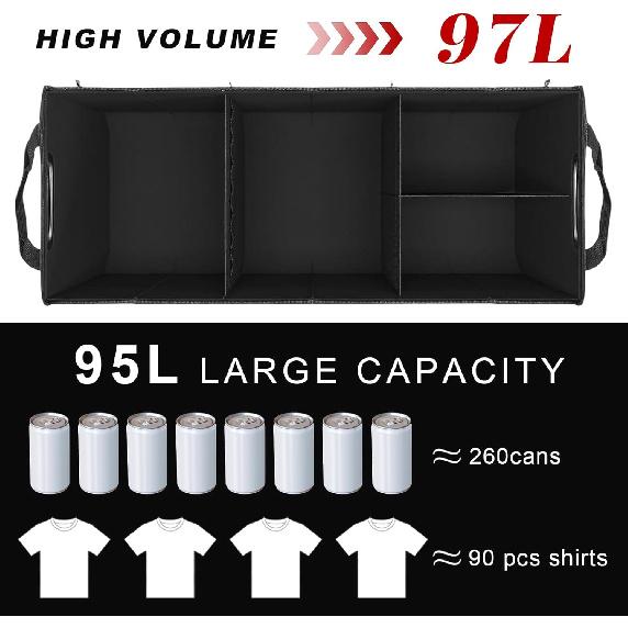Car Trunk Organizer, Large Capacity Collapsible Cargo Organizer with Adjustable Straps Reinforced Handles, Multi-Compartment Trunk Storage Box for