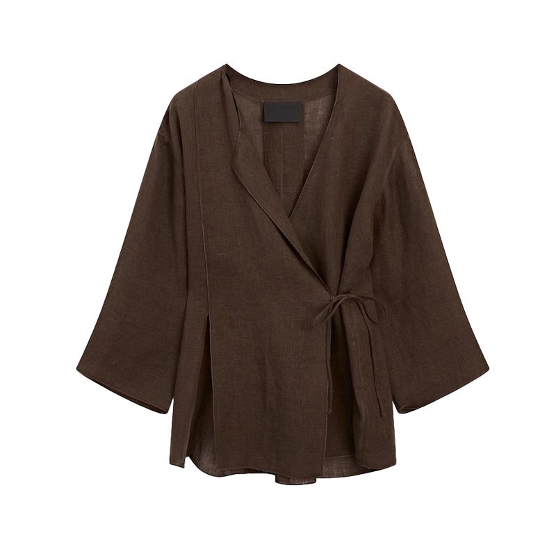 Linen Blend Kimono Cross Outwear 6078572 Retro Brown Elegant Wide Leg Pants 5057572