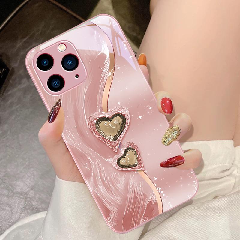 Amber Double Love Für IPhone 16 Pro Max 15 Pro 14 13 12 Mini 11 XS Max XR 7 8 Plu SE 2022 Hartglas Handyhülle