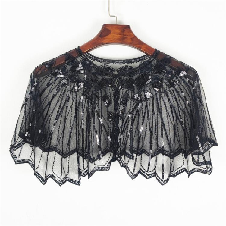 Delicate Sequins Adorned Capelet Shoulder Wrap Breathable Mesh Fabric Scarf Shawl With Intricated Beadwork Design