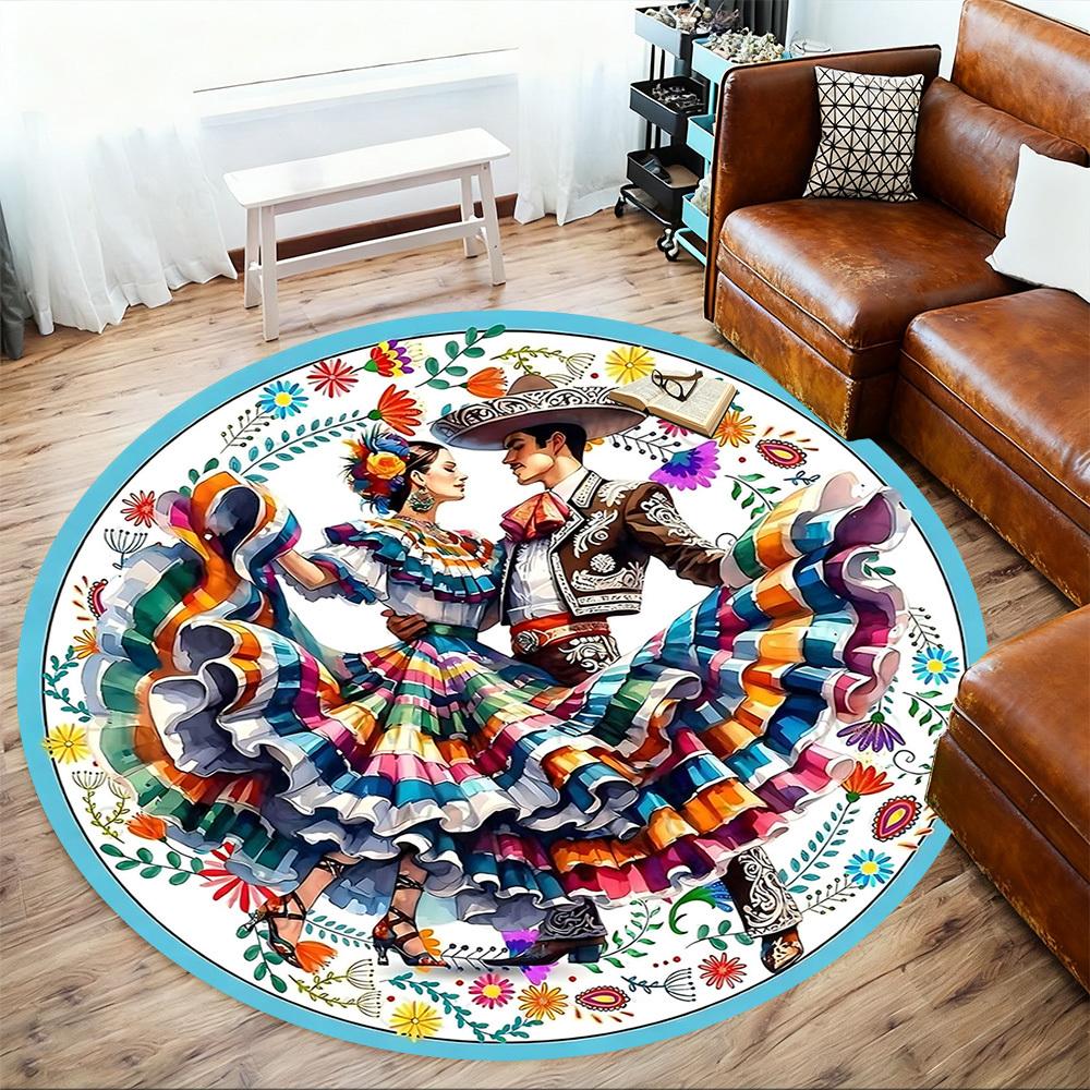 1pc Mexican Dance Floral Round Chair mat Area Rug - Non-Slip, Floor Mat for Office, Bedroom, home decor Christmas Gift-1002337
