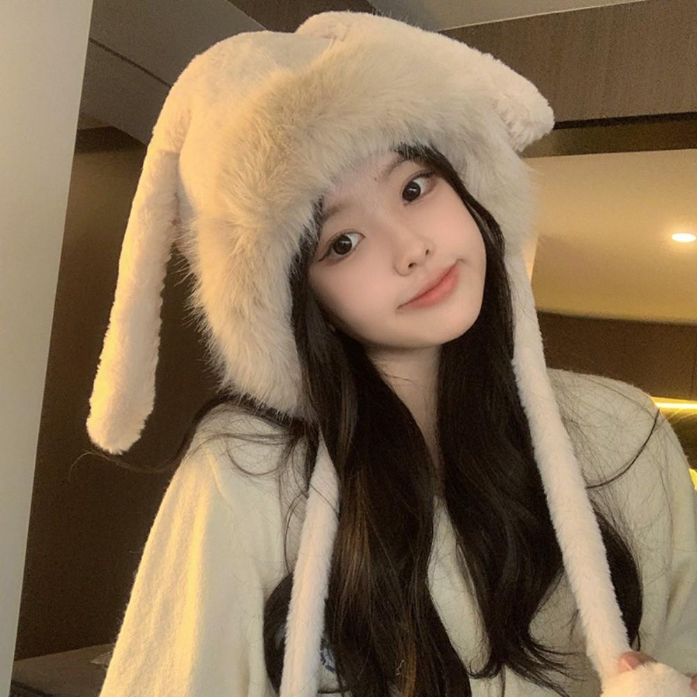 Warm Winter Hat Lacing Velvet Bear Ears Hat Rabbit Ear Antlers Woolen Bucket Hat Women