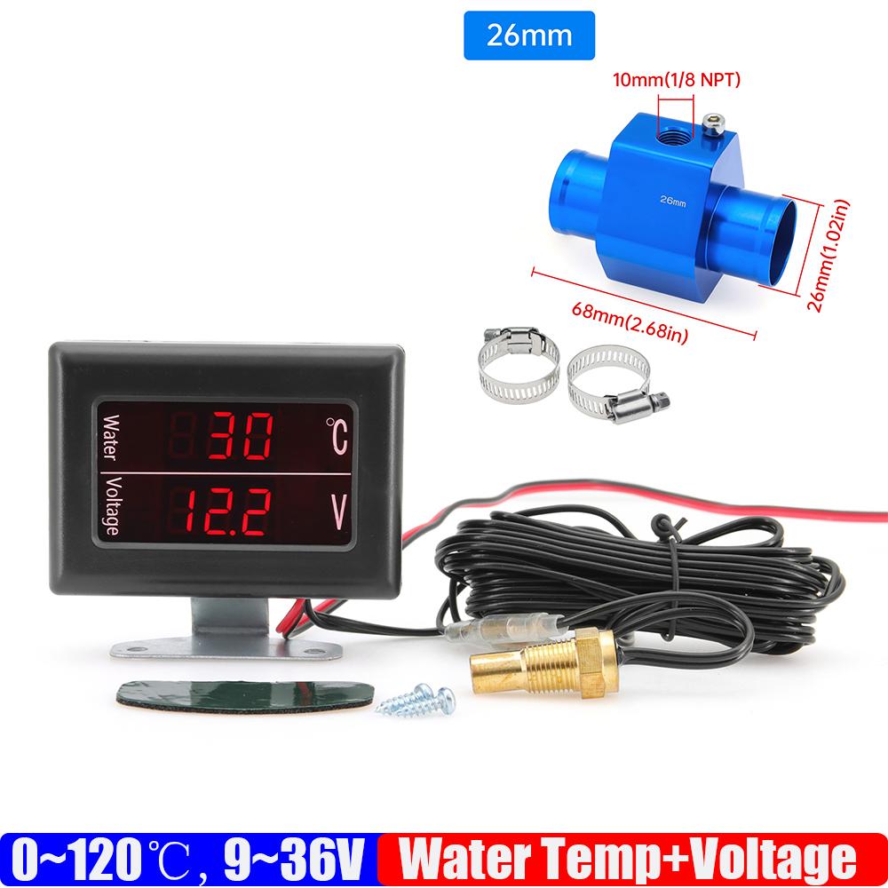 2 IN 1 Auto Car Digital 0~120℃ Water Temperature Gauge+Voltmeter 9-36V Water Temp Sensor Adapter 26MM-40MM for Auto Car Truck