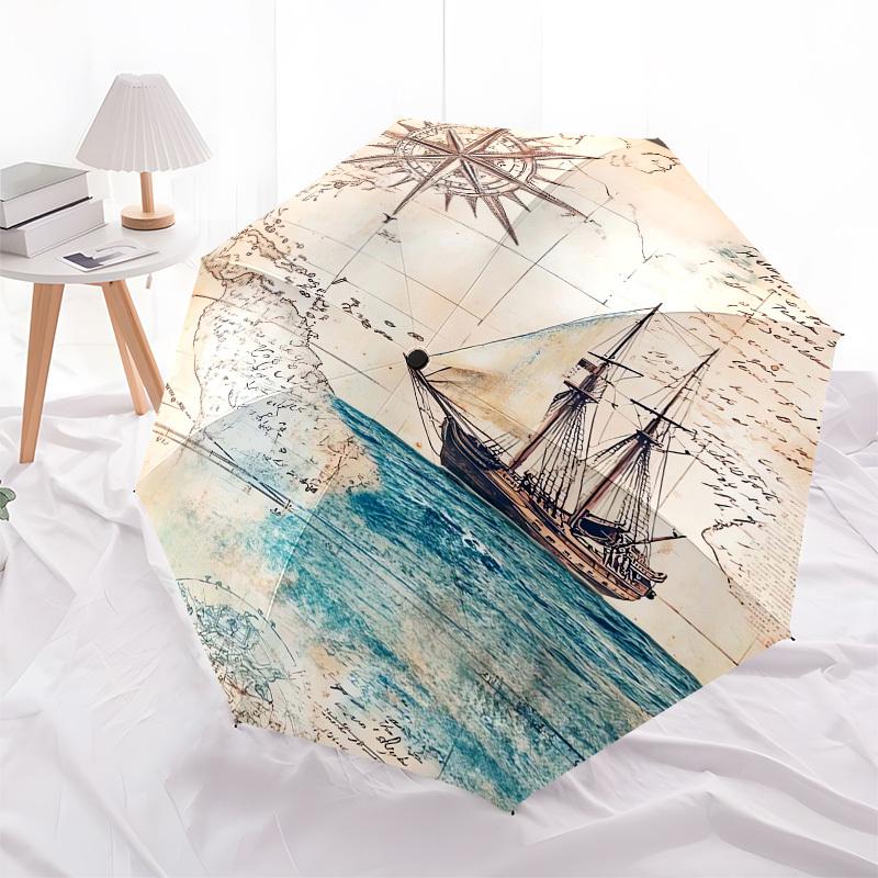 1pc Vintage Nautical Map with Compass and Ship Umbrella with Plastic Handle,Suitable for All Seasons UmbrellaPT451