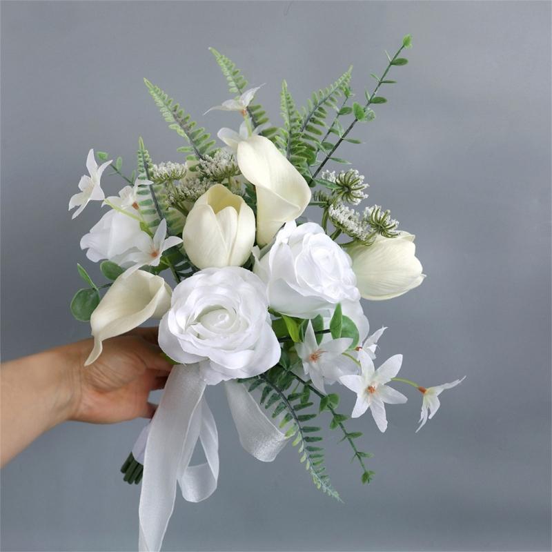 White Bridal Bouquets Wedding Bouquets with Ribbon for Bridal, Bridesmaids, Anniversary, Wedding Party Decorations