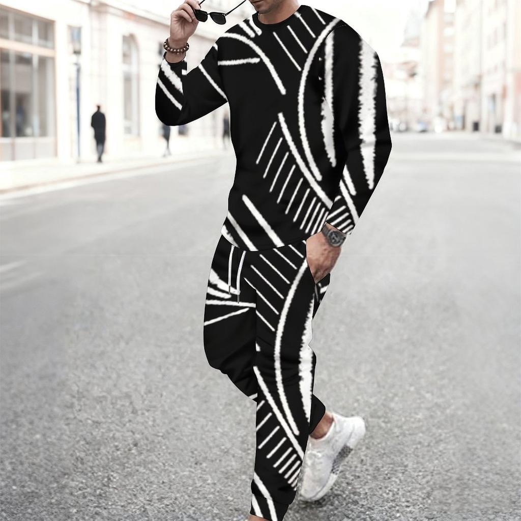 Men Navy Blue White Water Drop Floral Decor Print Long Sleeve Sweatshirt Jogger Pants Two Piece Suit