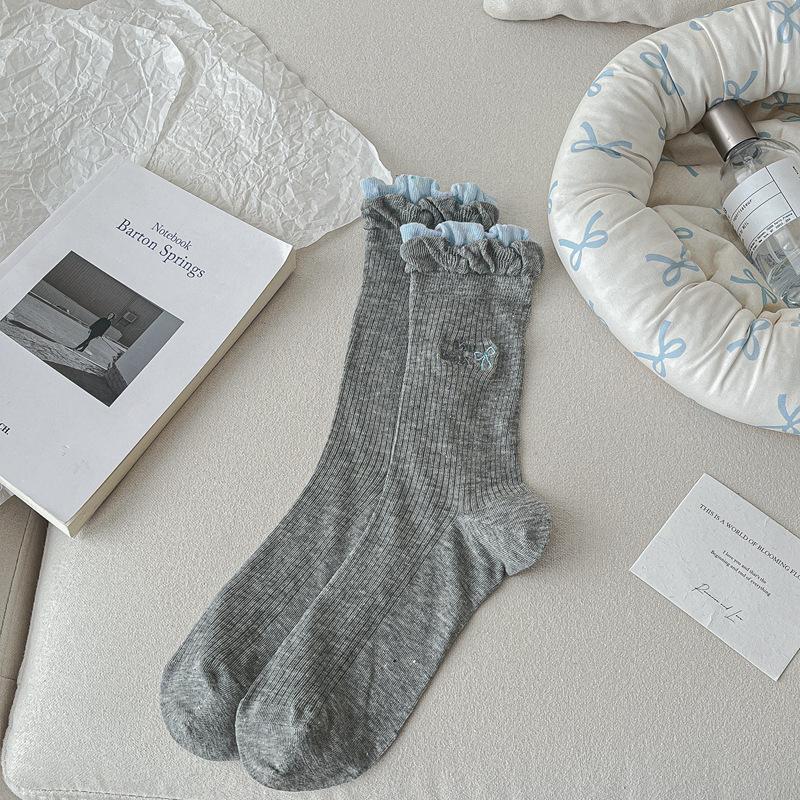 Double-Layer Lace Socks Children'S Dongdaemun Tide Socks Letter Bow Embroidered Medium Tube Stacking Socks Thin
