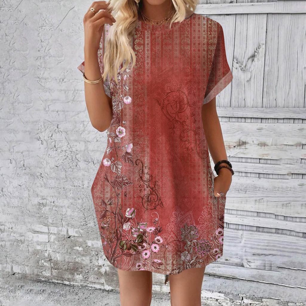 Rochie tricou lungă medie, la modă pentru femei, cu mâneci scurte, cu imprimeu de vară