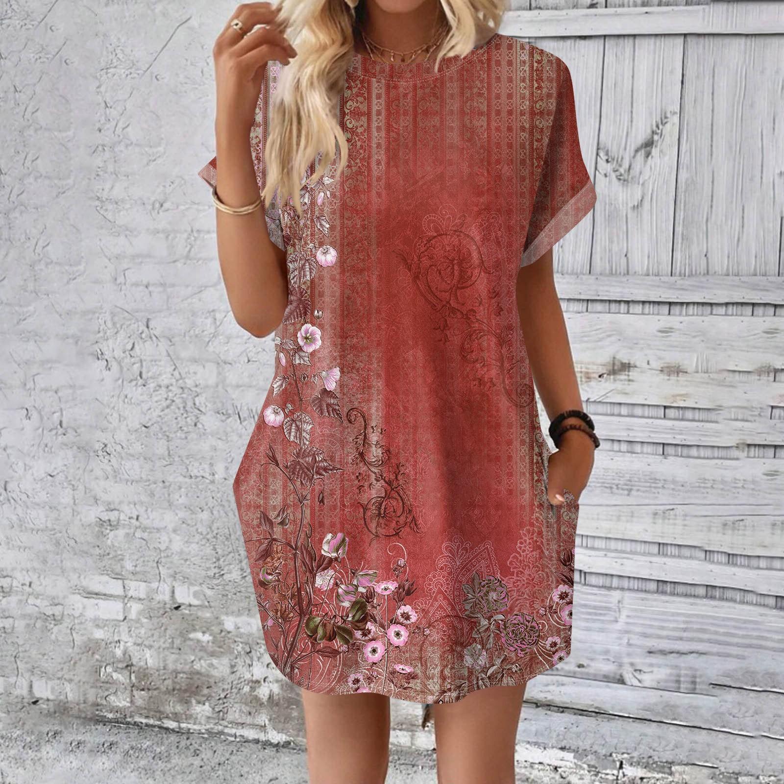 Женское модное летнее свободное платье-футболка средней длины с принтом и короткими — фото 16