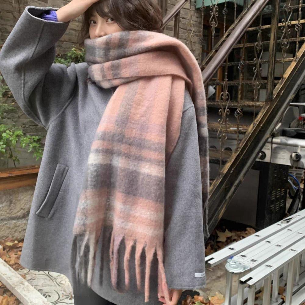 Colour Matching Winter Cashmere Scarves Tassel Cape Wraps Simple Plaid Wool Scarf Women/Men