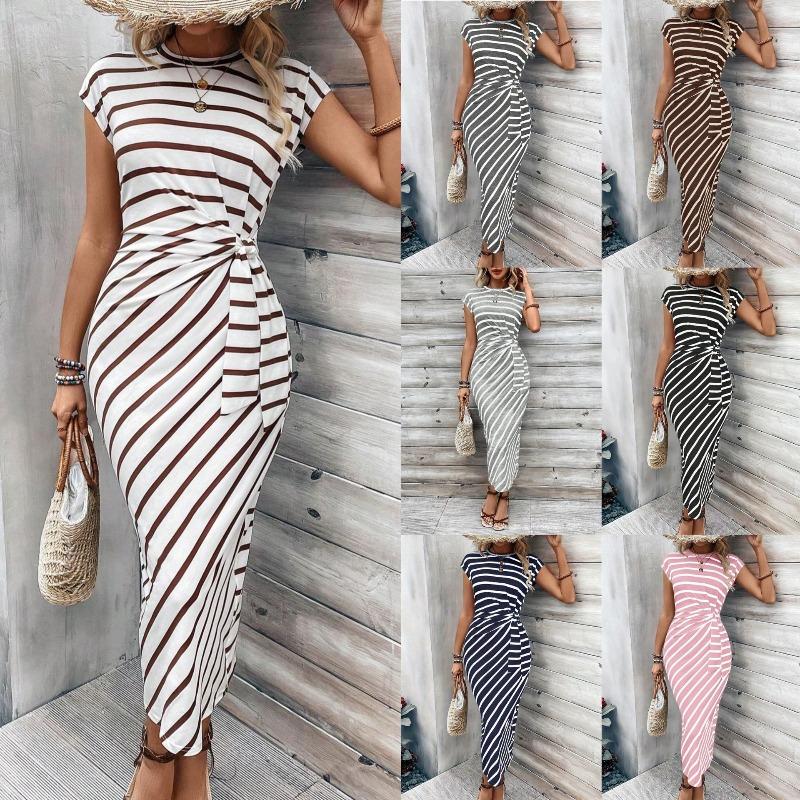 European and American women's clothing Amazon temu waist strap short-sleeved crew neck long dress