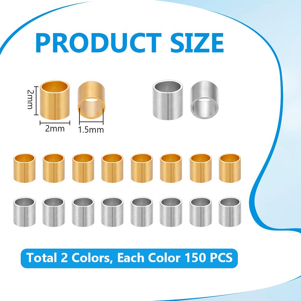 300Pcs 2 Colors 201 Stainless Steel Crimp Beads, Column, Mixed Color, 2x2mm, Hole: 1.5mm