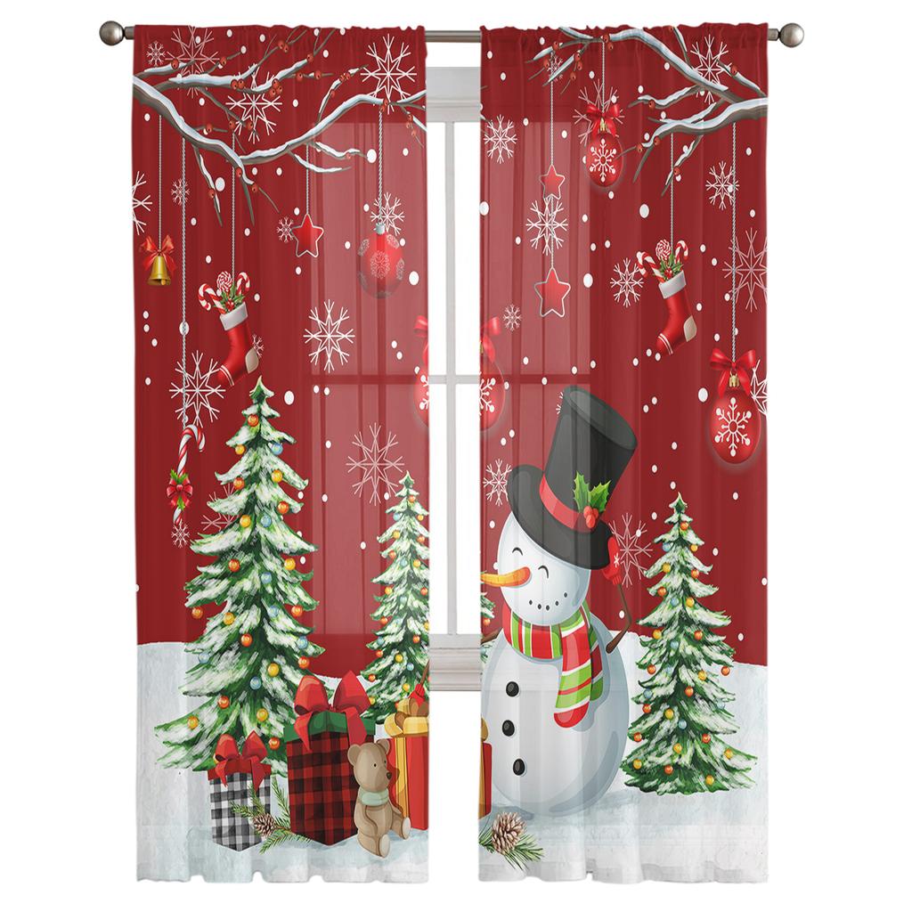 Weihnachts-Schneemann-Schneeflocke, rot, moderne Tüllvorhänge für Wohnzimmer, Schlafzimmer, Zuhause, Küche, Fenster, transparente Vorhänge