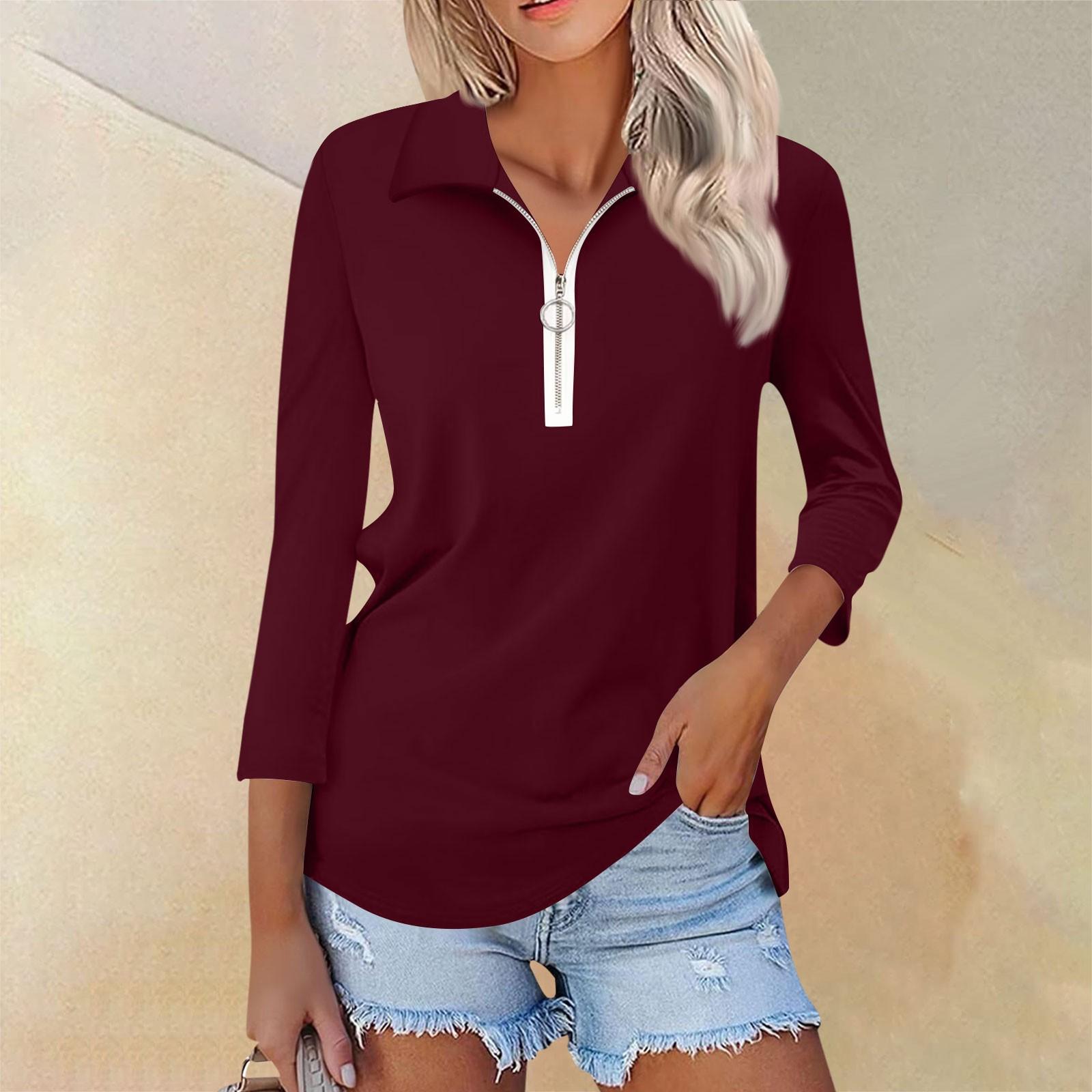 

Women s Summer Fashion Casual Solid Color Printed V-Neck Seven-Point Sleeve Shirt Top XL винний