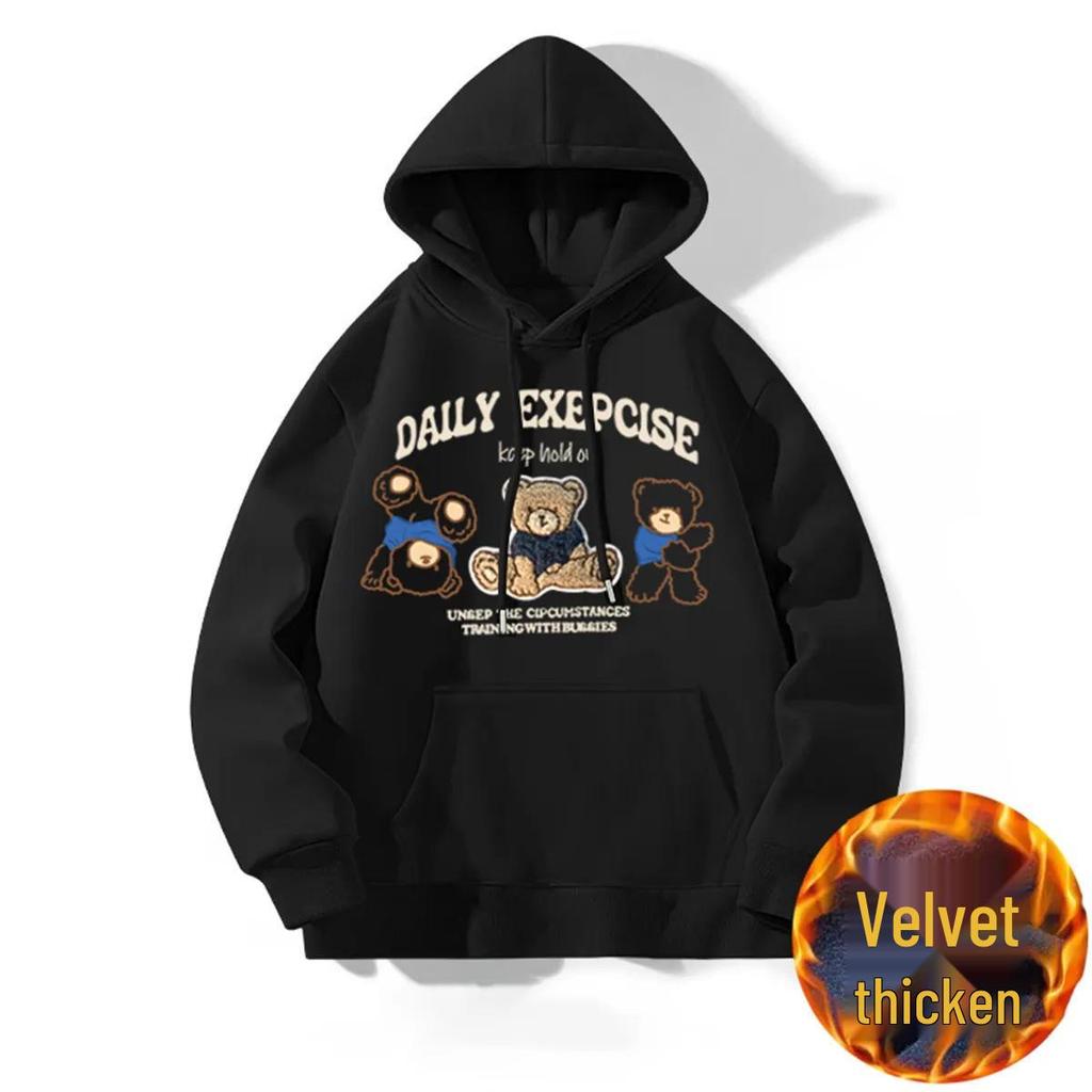 Damska bawełniana bluza z kapturem w stylu amerykańskim - Jesień/Zima Luźny krój z nadrukiem Pulowerowa bluza z kapturem