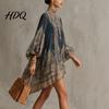 Lightweight Summer Dress Boho Floral Print High Neck Irregular Chiffon Mini