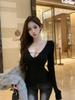 Women's Black Lace Splicing V-Neck Open-Back Long-Sleeve Top for Autumn/Winter