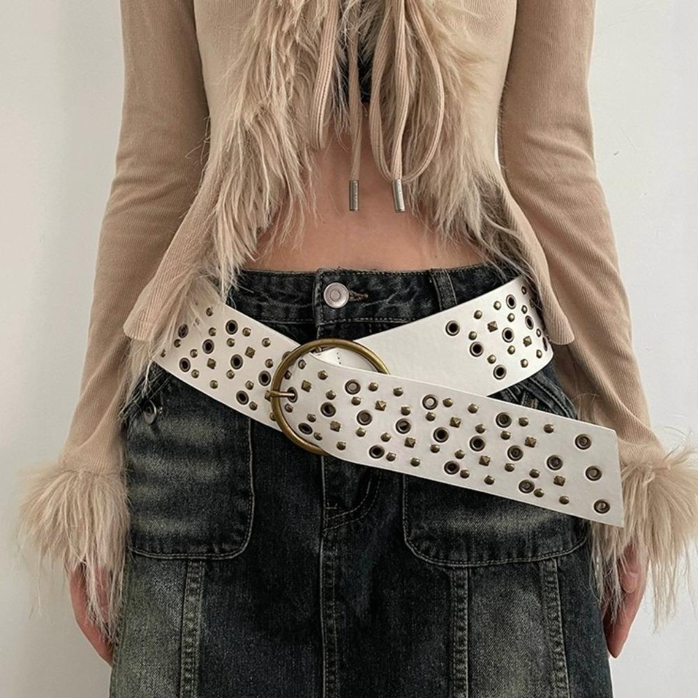 Harajuku Wide Waistband Rivet PU Leather Belt Simple Cowgirl Belt Clothing Accessories