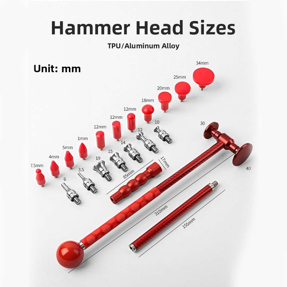 Paintless Dent Removal Kit Carbon Fiber Hammer 20 Interchangeable Heads Aluminum Alloy Auto Body Repair Tool For Car Hail Damage