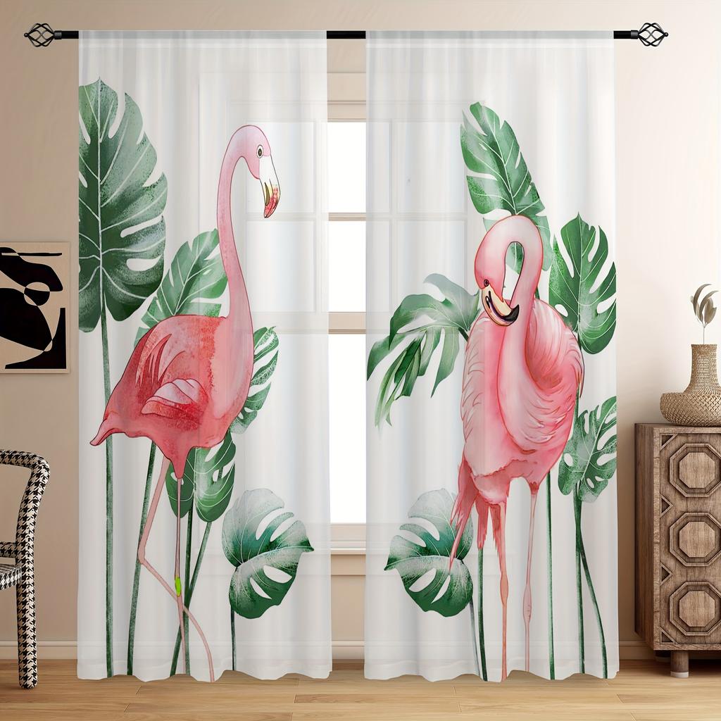 2-Piece Flamingo & Floral Print Curtains Set Rod Pocket Design Polyester  For Living Room Bedroom Kitchen Blinds Floor Window