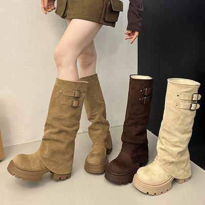 Fashion Belt Buckle Square Heels Woman Knight High Boots Street Style Party Dress Long Booties Autumn Winter Ladies Shoes