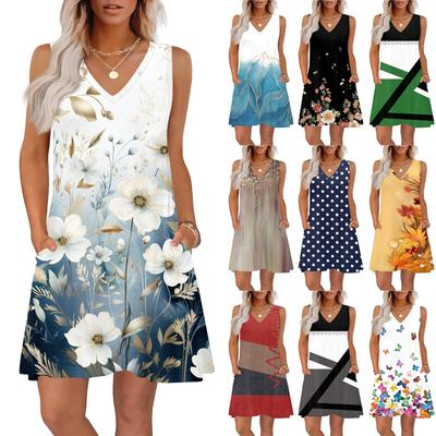 Women's Summer Dresses Loose Fit Printed V Neck Sleeveless Sundresses Beach Hawaiian Dress With Pockets