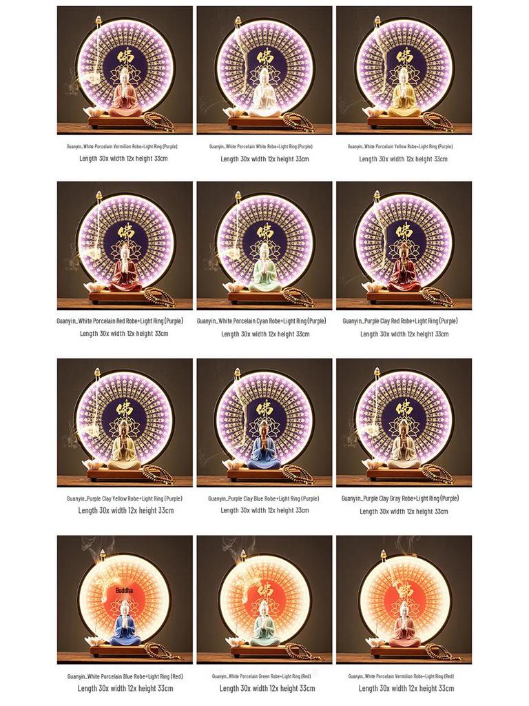 Ceramic Seated Guanyin On Lotus with Light Ring and Anjali Mudra for Home Decor