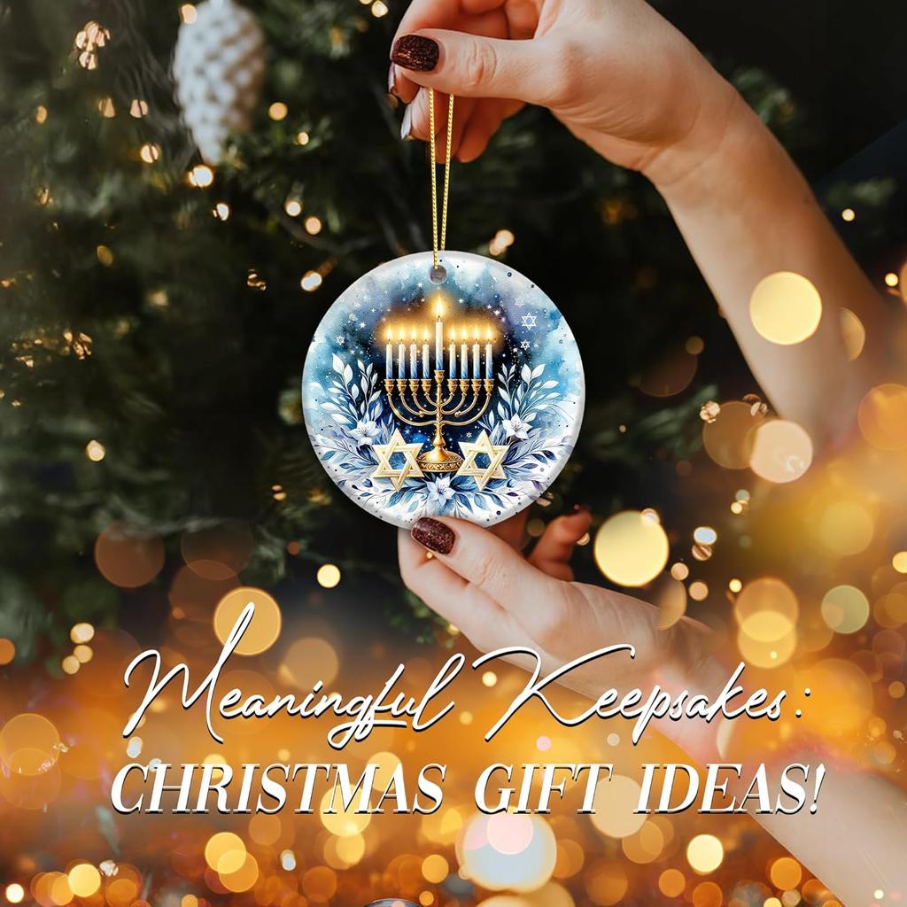 Hanukkah Ornament 2025 – White Elephant Gift, Elegant Menorah & Star of David Ceramic Round Decoration with Blue Floral Design – Festival of