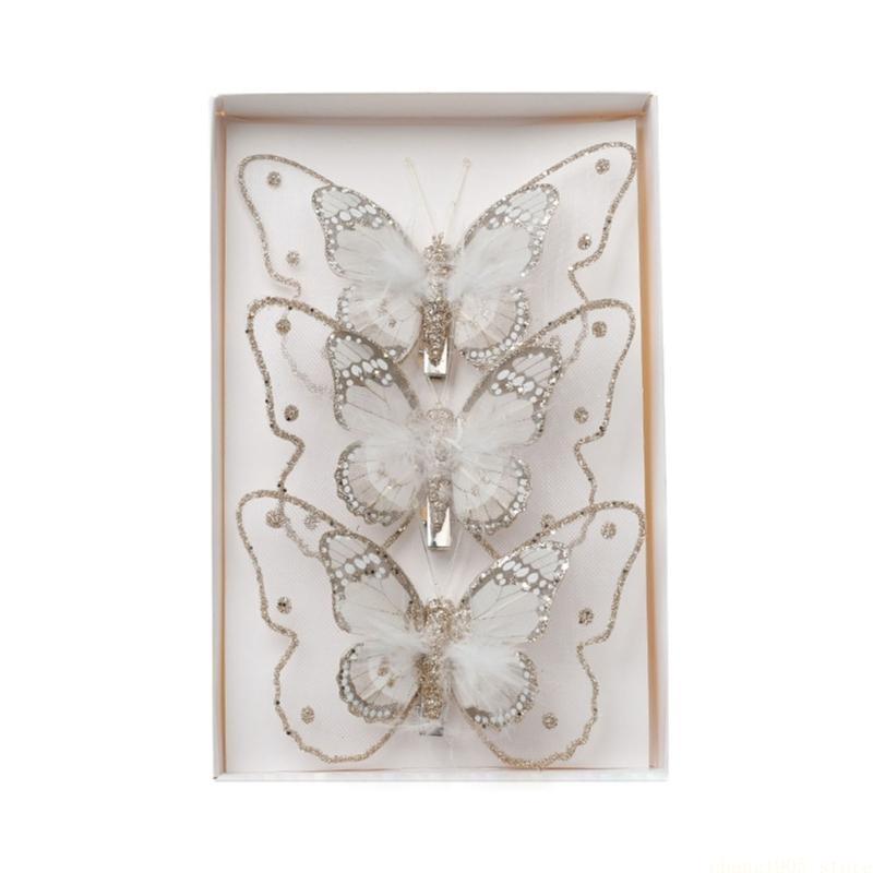 QX2E Set of 3 Glittering Butterfly with Clip for Christmas Tree Holiday Decoration