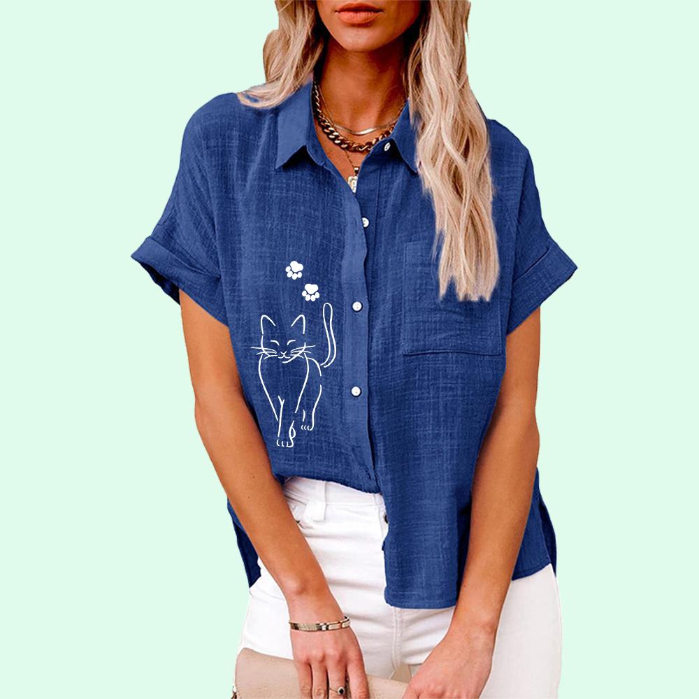 Plus Size Women Fashion Print Blouse Loose Buttoned Short Sleeve Shirt Ladies Casual Linen T-shirt Ladies