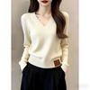 Korean-Style V-Neck Ribbed Hem Pullover Top