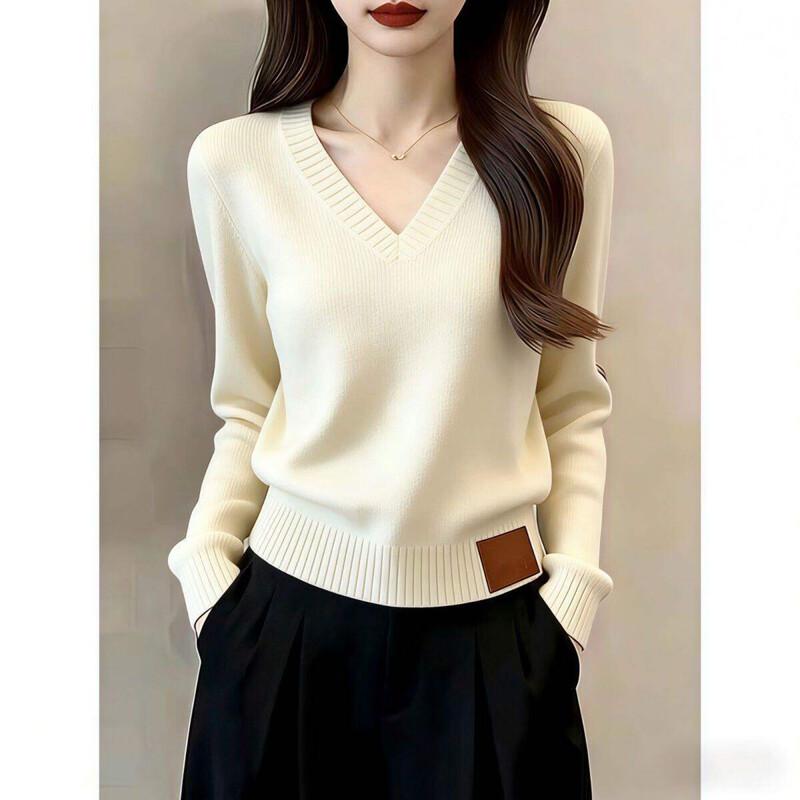 Korean-Style V-Neck Ribbed Hem Pullover Top