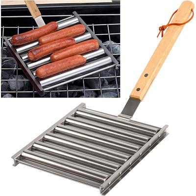 Hot Dog Roller Edelstahl-Wurstroller mit extra langem Holzgriff, Barbecue-Hot-Dog-Grill
