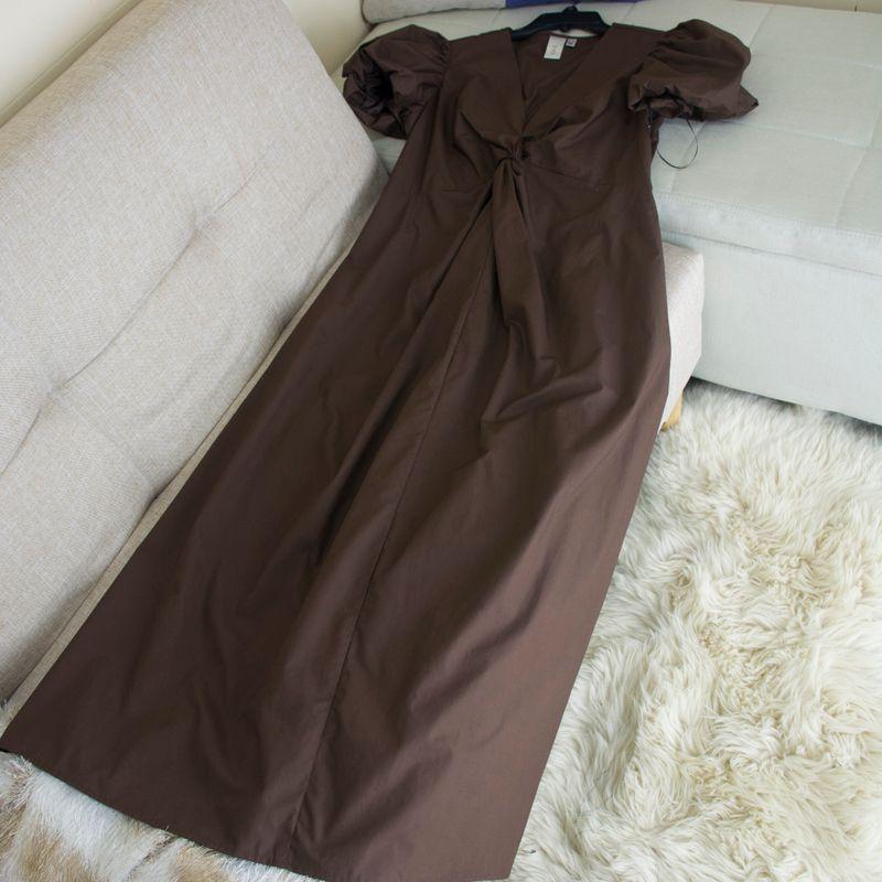 

Pure Cotton Knot Retro Puff Sleeve Dress Romantic Aura Plaid Slim Looking Brown M