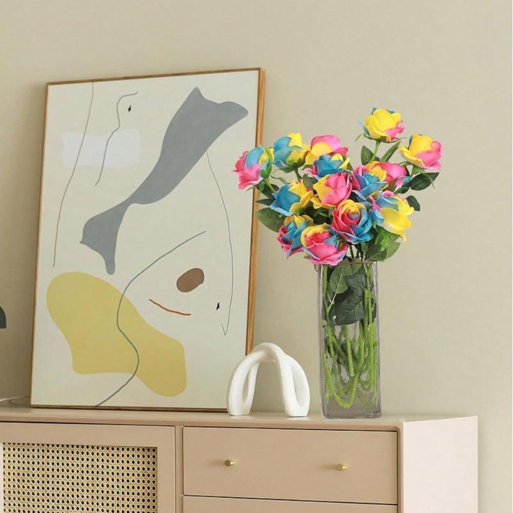 10 Pcs 50cm Rainbow Fake Roses Artificial Flowers Fake Artificial Roses Silk Flowers with Stems for Home Wedding Hotel Office Centerpiece Decor