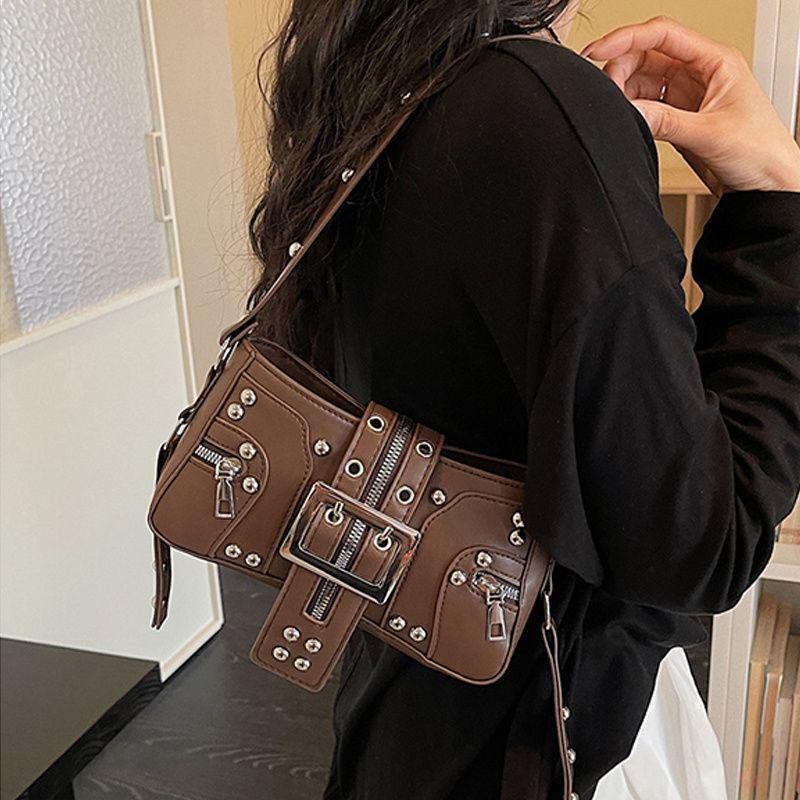 Yogodlns Borse a Spalla da Donna in PU Stile Punk con Borchie Moda Retro Y2k Stampa Leopardo Borsa Sottobraccio da Donna Design Raffinato con Cintura Borse Cool per Ragazze