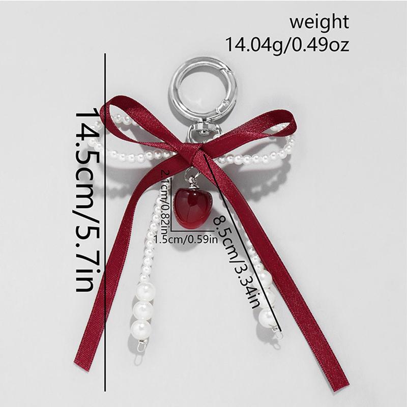 Sweet Red Cherry Pearl Keychain Ribbon Bowknot Keyring Bag Pendant Key Hanging Decoration For Best Friend Gifts