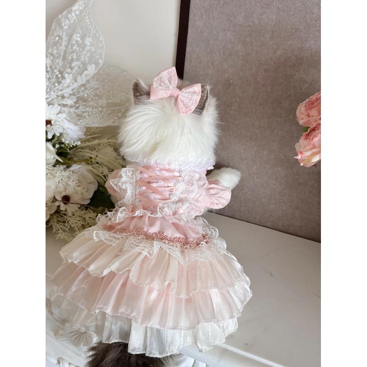Korean Pink Lovely Pet Dog Clothes Simple Handmade Cotton Lace Party Princess Dresses for Small Medium Dog Poodle Puppy Overalls