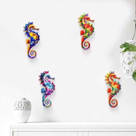 4Pcs Wooden Seahorse Wall Art Set Rustic Garden Fence Decor for Patio Living Room Bedroom Coastal Nautical Ornaments for Home Outdoor
