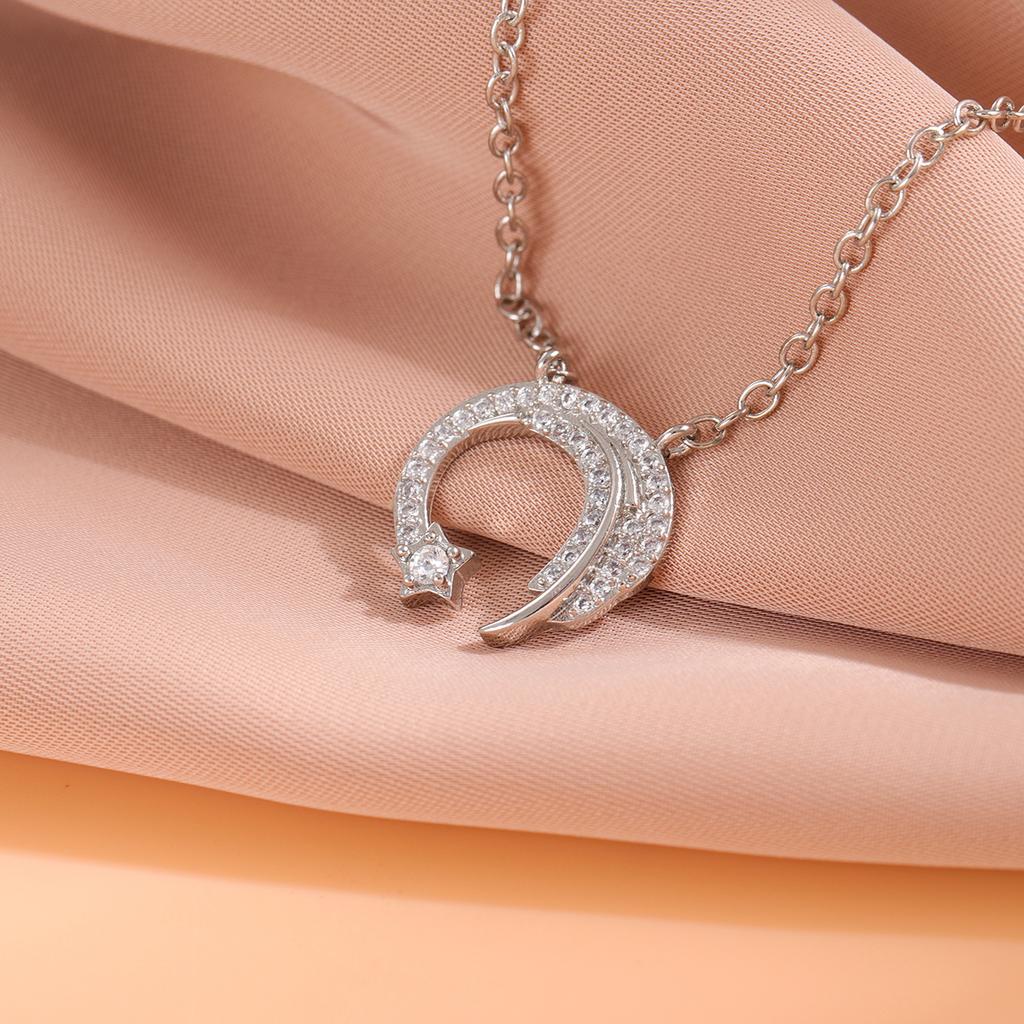 Fashion 925 Sterling Silver Moon And Star Crystal Pendant Necklaces