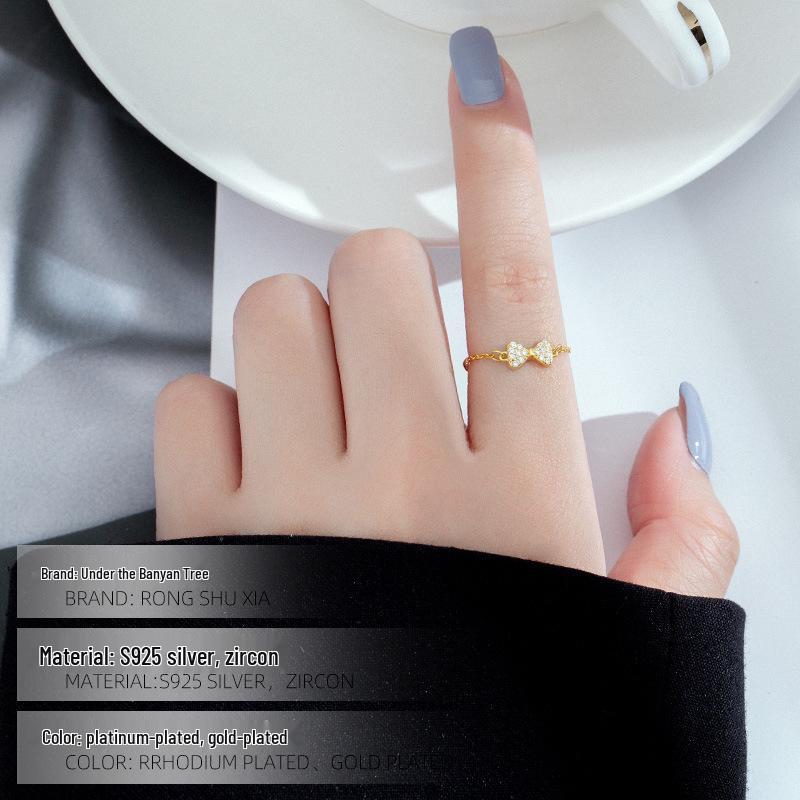 925 Sterling Silver Adjustable Bow Chain Ring for Women - Light Luxury, Niche Cold Style.
