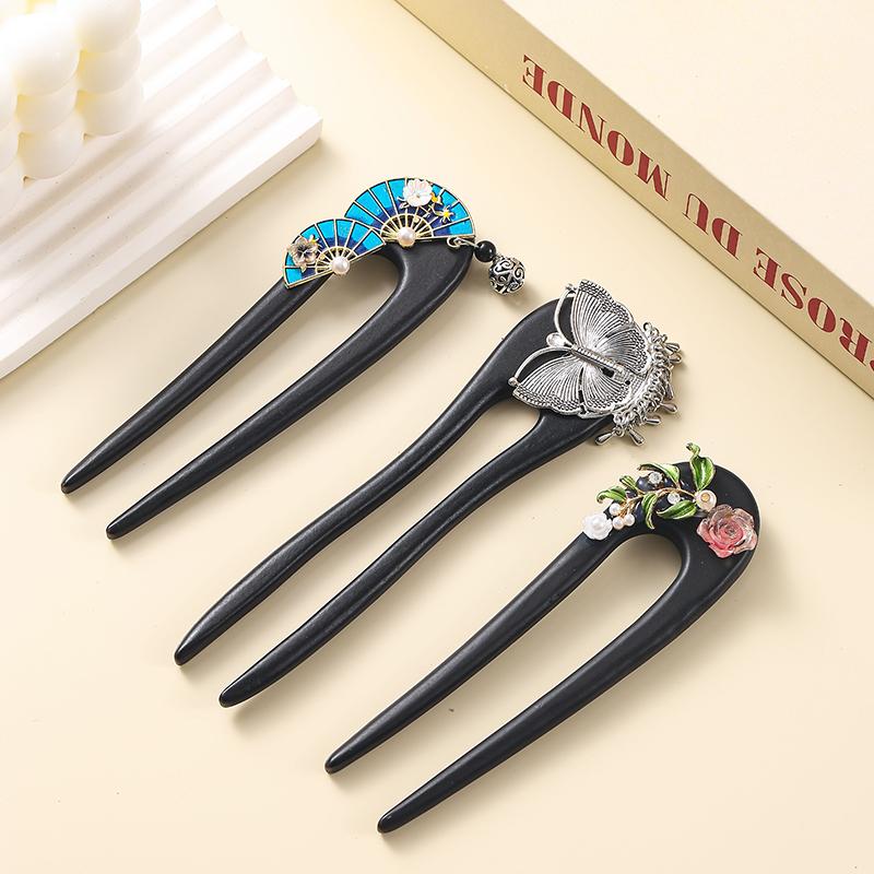 Wood Flowers U Shaped Hair Fork Wooden Hairpin Butterfly Hair Sticks Chinese Women Hairstyling Hair Accessories Headwear