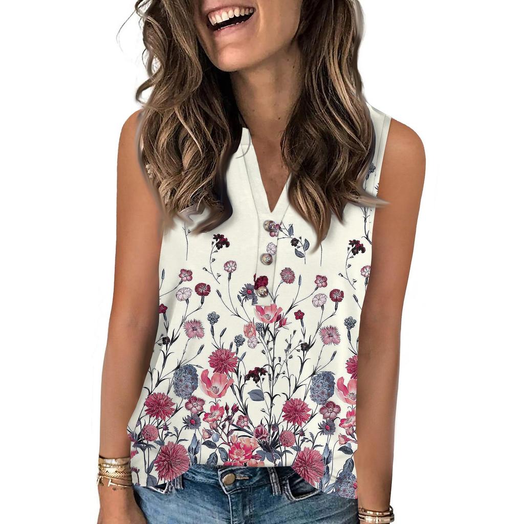 Women's Casual Fashion Summer Vintage Floral Print Tank Top V-neck Sleeveless Button-down Top