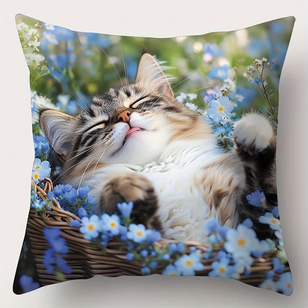 Cute Cat Prints On Blue Flower Decorative Cushions Polyester pillowcase, sofa decorative cushion cov Headboard Pillow